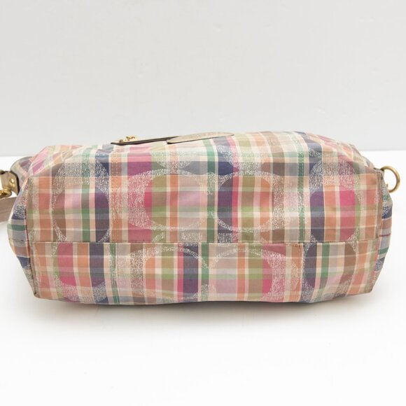 Coach Poppy Daisy Signature Madras Plaid Print Pink Rocker 2-Way Tote Bag Gold - Picture 3 of 13